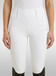 Front view of white Elite Competition riding breeches with high-rise waistband and belt loops