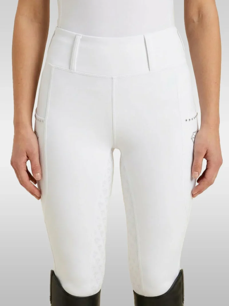 Front view of white Elite Competition riding breeches with high-rise waistband and belt loops
