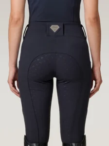 Back view of black Prestige riding leggings with Diamont Equestrian metal waistband badge and full-seat silicone grip