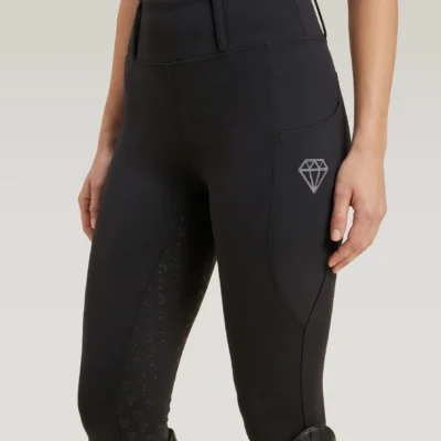 Black riding leggings with rhinestone diamond logo on the side pocket and diamond silicone grip, front three-quarter view