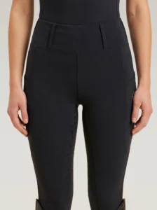 Front view of black Prestige riding leggings by Diamont Equestrian with high-rise waistband and belt loops