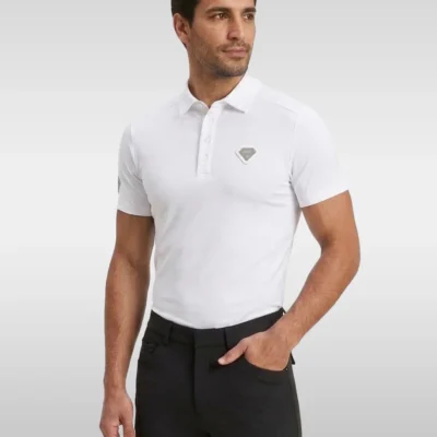 White Cavalier men’s equestrian polo shirt by Diamont Equestrian with silver diamond chest badge, front three-quarter view
