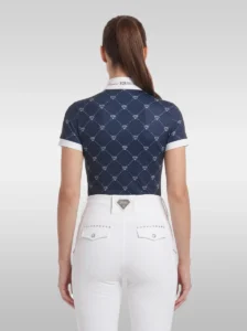 Back view of the navy Diamont base layer with all-over diamond print, white cuffs and Diamont Equestrian collar tape