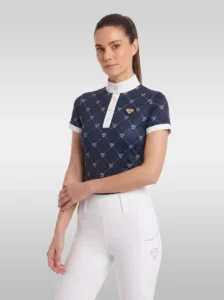 Navy Diamont short sleeve base layer with white diamond monogram print, white stand-up collar and silver diamond badge, front three-quarter view