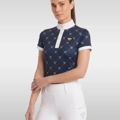 Navy Diamont short sleeve base layer with white diamond monogram print, white stand-up collar and silver diamond badge, front three-quarter view