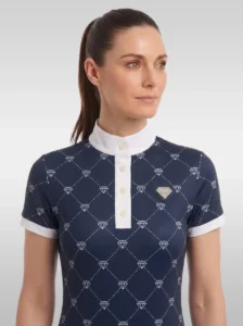 Front view of the navy Diamont equestrian base layer with white buttoned placket, stand-up collar and silver diamond badge