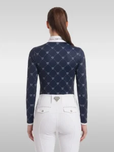 Back view of the navy Diamont long sleeve base layer with all-over diamond print, white cuffs and Diamont Equestrian collar tape