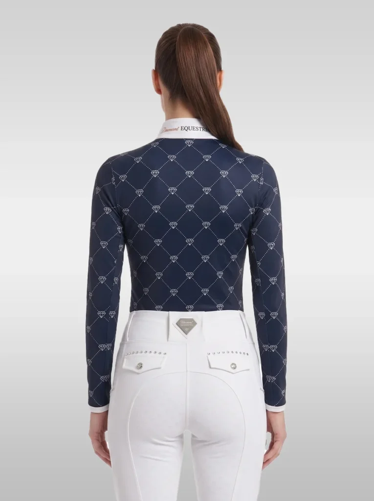 Back view of the navy Diamont long sleeve base layer with all-over diamond print, white cuffs and Diamont Equestrian collar tape