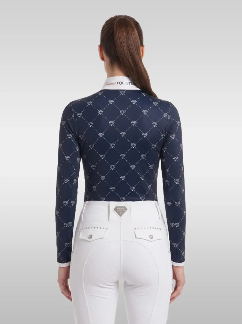 Back view of the navy Diamont long sleeve base layer with all-over diamond print, white cuffs and Diamont Equestrian collar tape