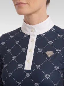 Close-up of the navy Diamont long sleeve base layer: white stand-up collar, button placket, diamond monogram print and silver metal diamond badge