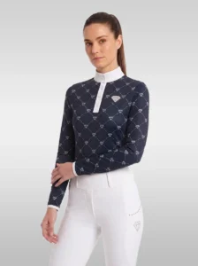 Navy Diamont long sleeve base layer with white diamond monogram print, white stand-up collar and silver diamond badge, front three-quarter view