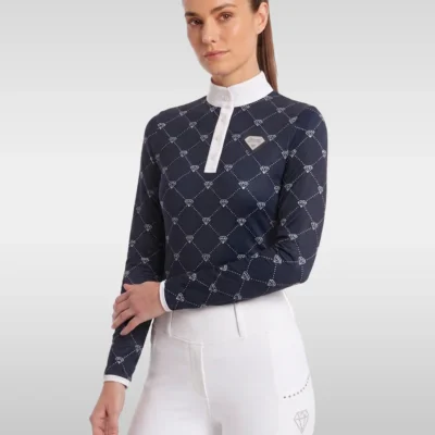 Navy Diamont long sleeve base layer with white diamond monogram print, white stand-up collar and silver diamond badge, front three-quarter view