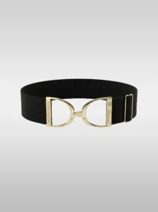 Diamont Stirrup Belt in black elastic with a gold stirrup hook buckle engraved Diamont Equestrian