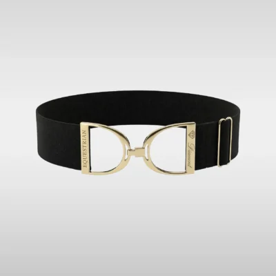 Diamont Stirrup Belt in black elastic with a gold stirrup hook buckle engraved Diamont Equestrian