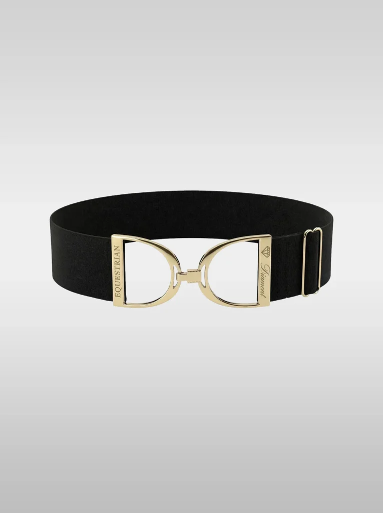 Diamont Stirrup Belt in black elastic with a gold stirrup hook buckle engraved Diamont Equestrian