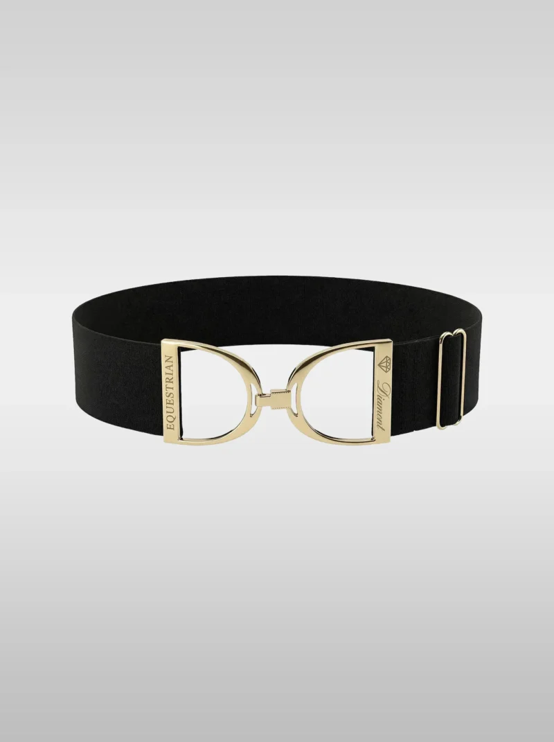 Diamont Stirrup Belt in black elastic with a gold stirrup hook buckle engraved Diamont Equestrian
