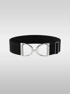 Diamont Stirrup Belt in black elastic with a silver stirrup hook buckle engraved Diamont Equestrian