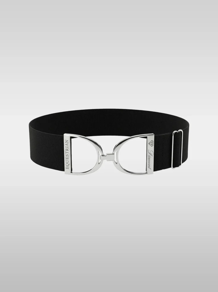 Diamont Stirrup Belt in black elastic with a silver stirrup hook buckle engraved Diamont Equestrian