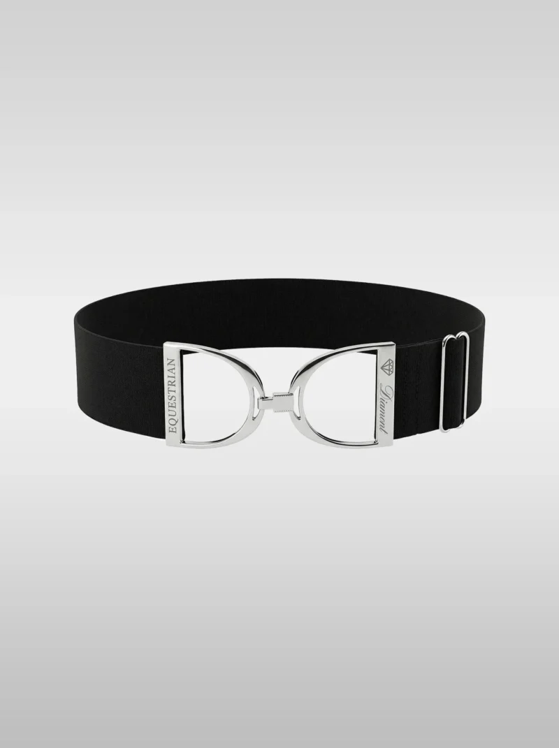 Diamont Stirrup Belt in black elastic with a silver stirrup hook buckle engraved Diamont Equestrian