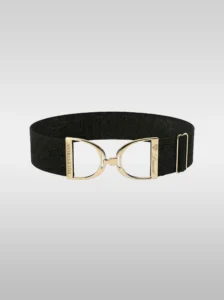 Diamont Stirrup Belt in sparkling black stardust elastic with a gold stirrup hook buckle