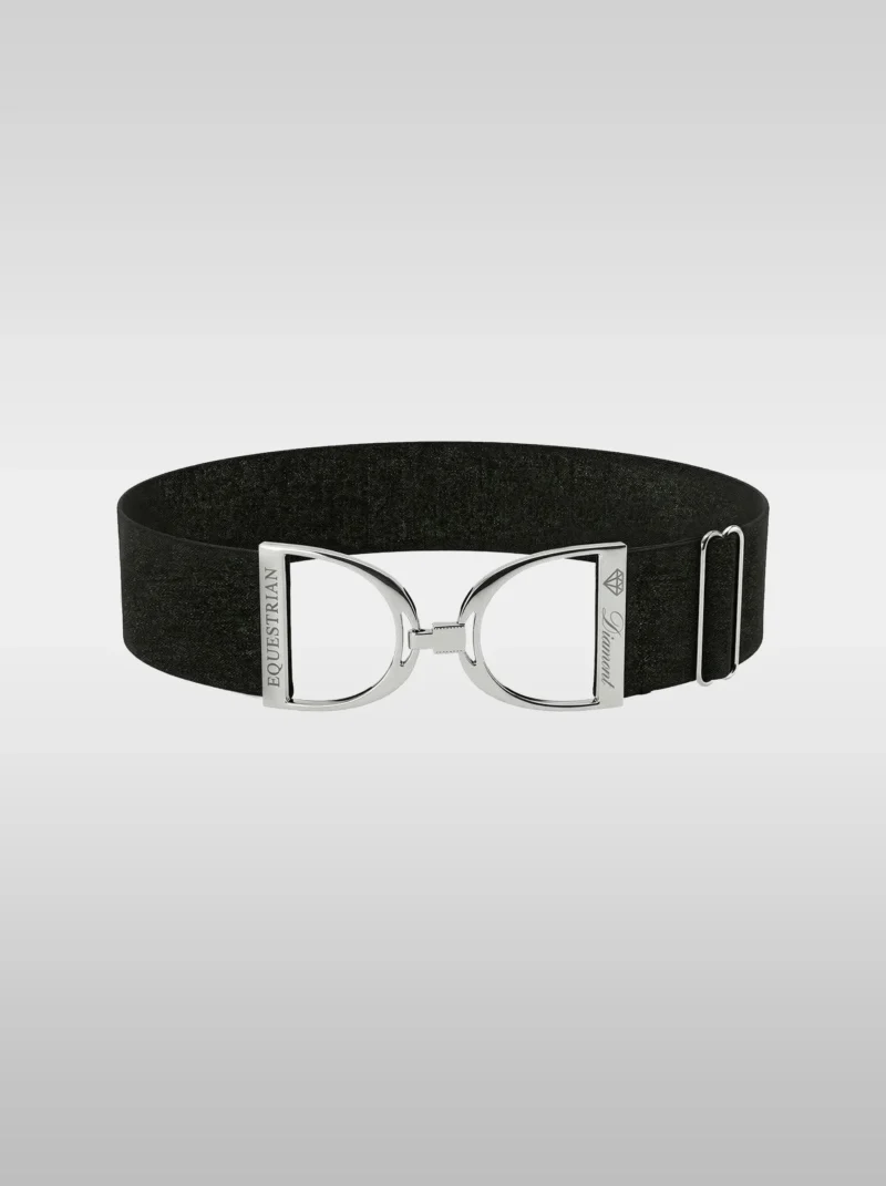 Diamont Stirrup Belt in sparkling black stardust elastic with a silver stirrup hook buckle