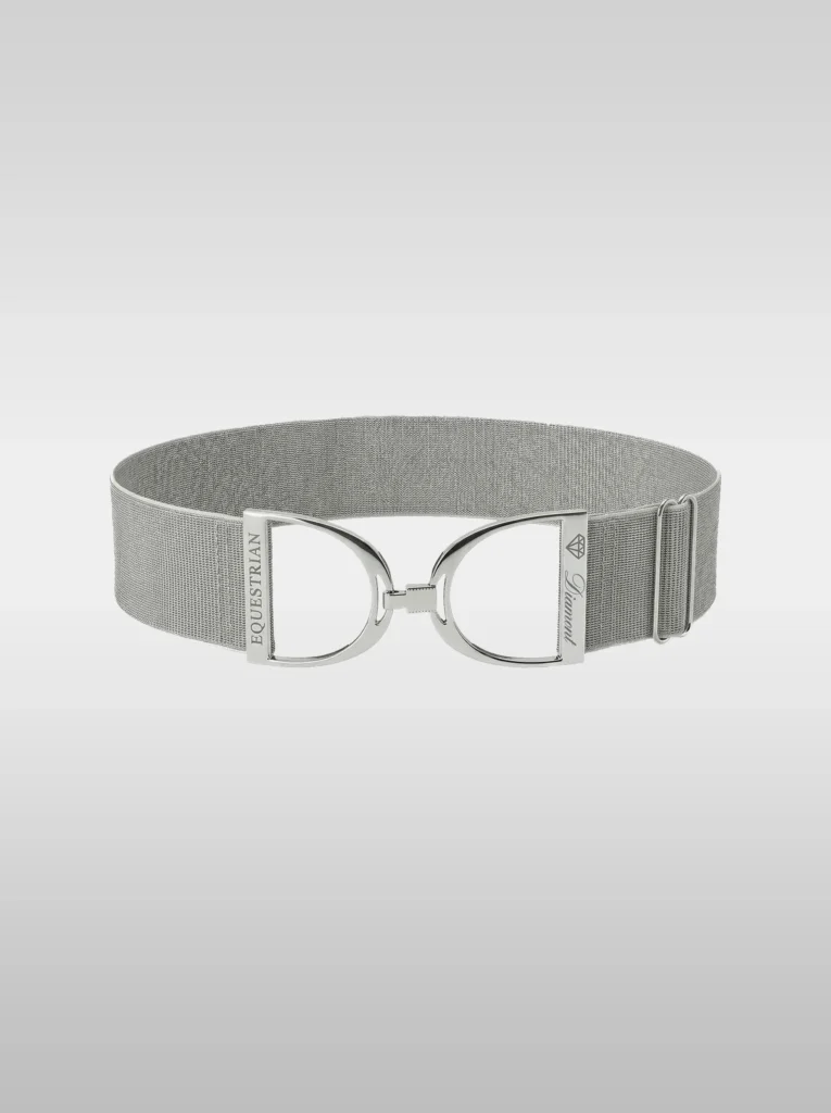 Diamont Stirrup Belt in sparkling silver stardust elastic with a silver stirrup hook buckle