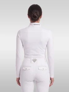 Back view of the white Elite Competition long sleeve show shirt with Diamont Equestrian lettering on the collar