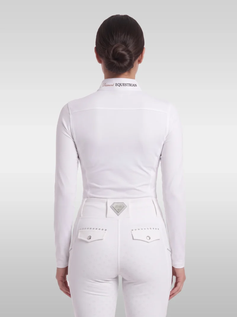 Back view of the white Elite Competition long sleeve show shirt with Diamont Equestrian lettering on the collar