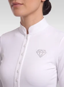 Close-up of the white competition shirt: stand-up collar, covered button placket and rhinestone diamond logo on the chest