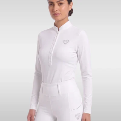 White Elite Competition long sleeve base layer by Diamont Equestrian with stand-up collar, button placket and rhinestone diamond logo, front three-quarter view