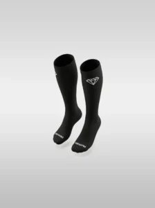 Black Diamont Equestrian EquiChic knee-high riding socks with the "Human Hooves" phrase on the sole and diamond logo at the top