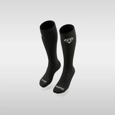 Black Diamont Equestrian EquiChic knee-high riding socks with the "Stable Diva" phrase on the sole and diamond logo at the top