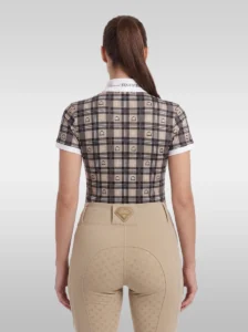 Back view of the beige Heritage check base layer with white cuffs and Diamont Equestrian collar tape