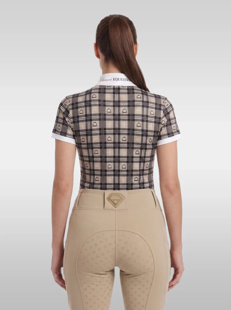 Back view of the beige Heritage check base layer with white cuffs and Diamont Equestrian collar tape