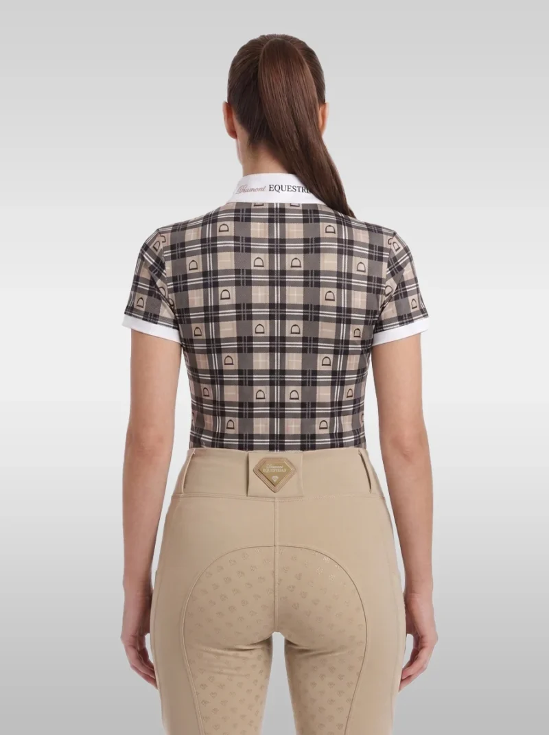 Back view of the beige Heritage check base layer with white cuffs and Diamont Equestrian collar tape