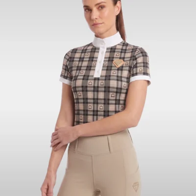 Beige Heritage check short sleeve base layer by Diamont Equestrian with white stand-up collar and gold diamond badge, front three-quarter view