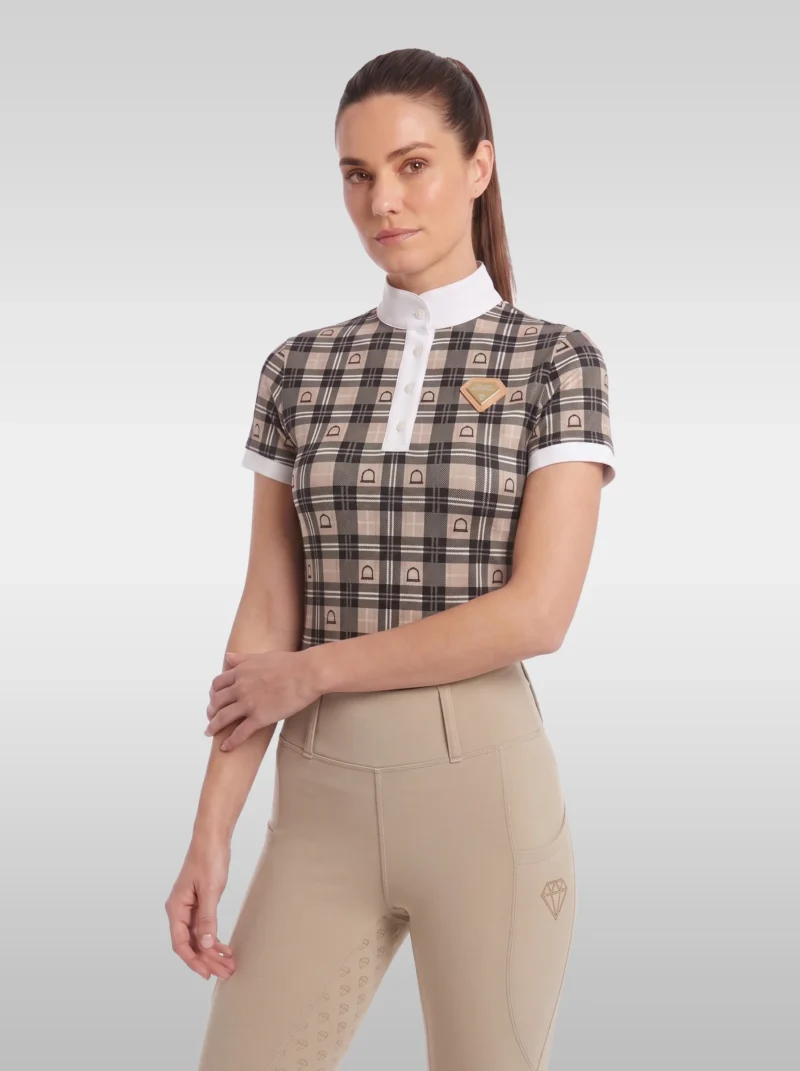 Beige Heritage check short sleeve base layer by Diamont Equestrian with white stand-up collar and gold diamond badge, front three-quarter view