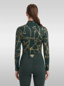 Back view of the green Signature long sleeve riding shirt with all-over gold chain, bit and stirrup print