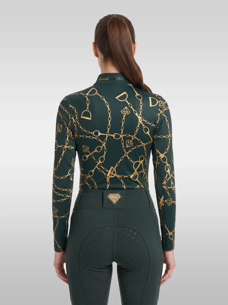 Back view of the green Signature long sleeve riding shirt with all-over gold chain, bit and stirrup print