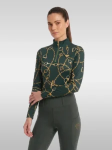 Green Signature long sleeve base layer by Diamont Equestrian with gold chain and stirrup print, quarter-zip and gold diamond badge, front three-quarter view