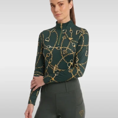 Green Signature long sleeve base layer by Diamont Equestrian with gold chain and stirrup print, quarter-zip and gold diamond badge, front three-quarter view