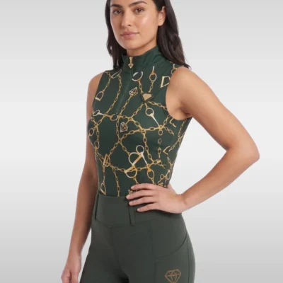Green Signature sleeveless base layer by Diamont Equestrian with gold chain and stirrup print, quarter-zip and gold diamond badge, front three-quarter view