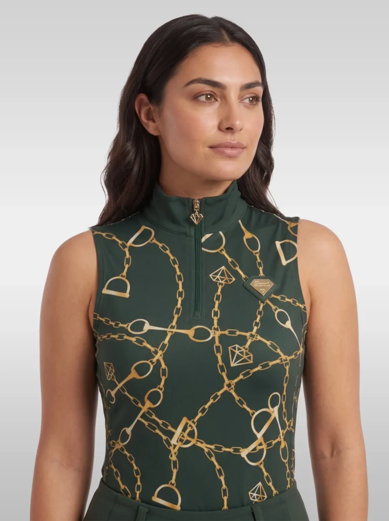 Front view of the green Signature sleeveless equestrian base layer with stand-up collar, gold zip and gold diamond badge