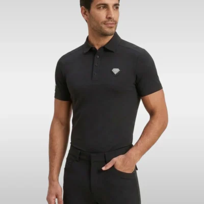 Black Cavalier men’s equestrian polo shirt by Diamont Equestrian with silver diamond chest badge, front three-quarter view