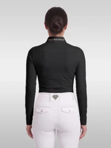 Back view of the black Elite Competition long sleeve show shirt with Diamont Equestrian lettering on the collar
