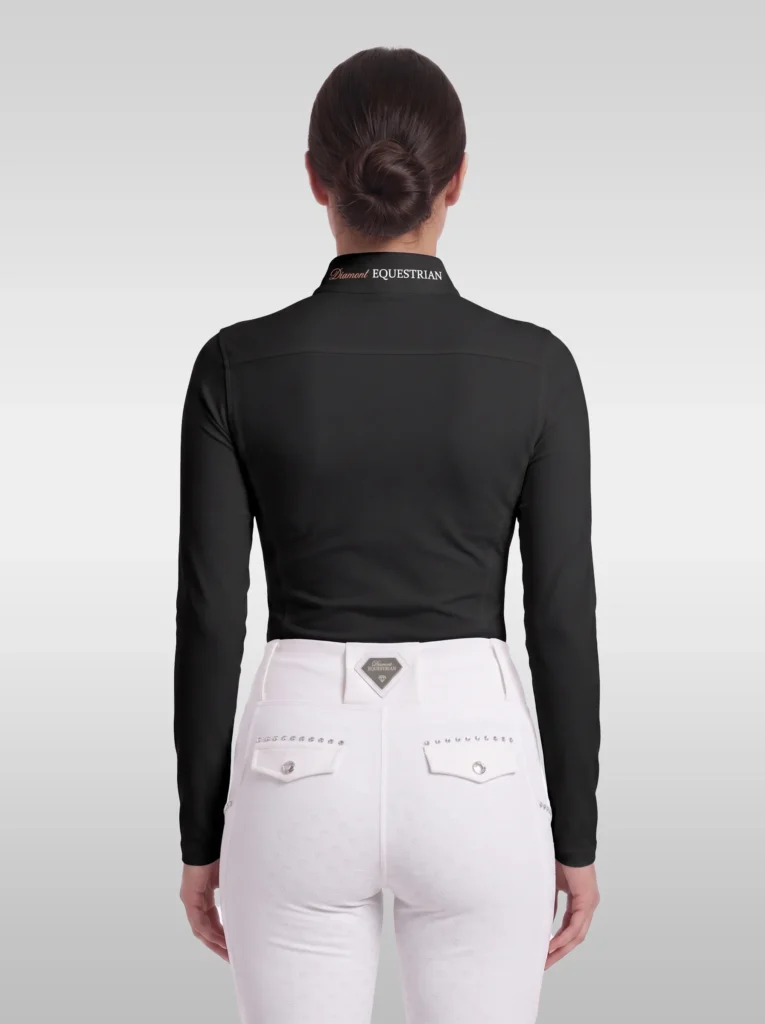 Back view of the black Elite Competition long sleeve show shirt with Diamont Equestrian lettering on the collar