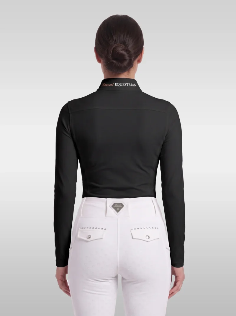 Back view of the black Elite Competition long sleeve show shirt with Diamont Equestrian lettering on the collar