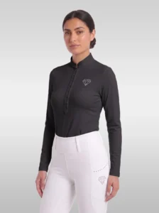 Black Elite Competition long sleeve base layer by Diamont Equestrian with stand-up collar, button placket and rhinestone diamond logo, front three-quarter view