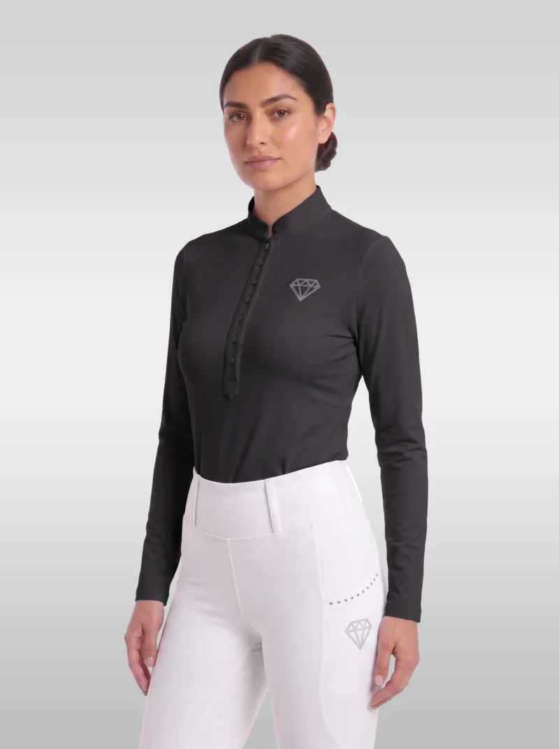 Black Elite Competition long sleeve base layer by Diamont Equestrian with stand-up collar, button placket and rhinestone diamond logo, front three-quarter view