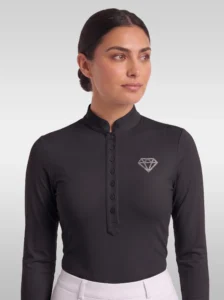 Front view of the black Elite Competition long sleeve base layer by Diamont Equestrian with high stand collar and button placket